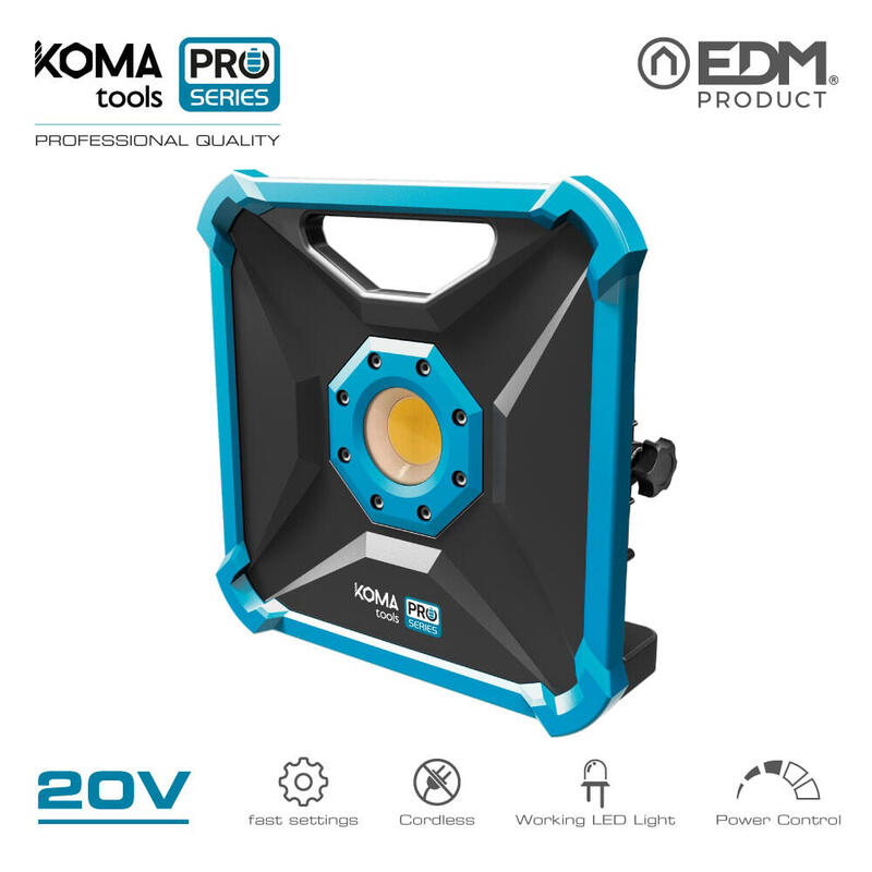 Foco proyector led 20w 1800 lumens (sin baterÍa ni cargador) 22,8x7x22,8cm koma tools pro series battery
