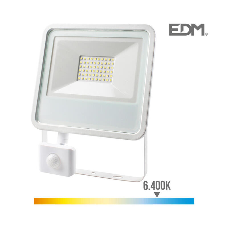 Foco proyector led 50w 3500lm 6400k luz fria con sensor de presencia 23,8×4,5×19,2cm edm