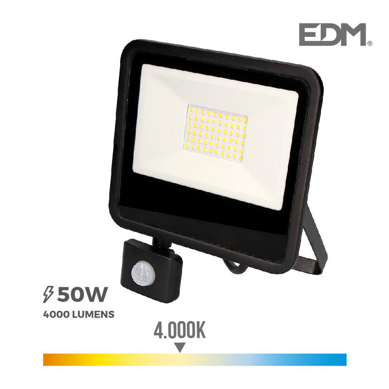 Foco proyector led 50w 4000lm 4000k luz dia con sensor de presencia 23,8×4,5×19,2cm edm