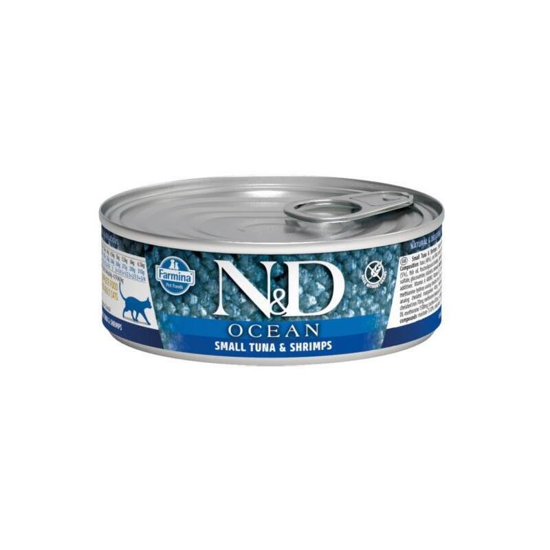Gato farmina n&d cat ocean sea small tuna & shrimps – comida hÚmeda para gatos – lata de 80g