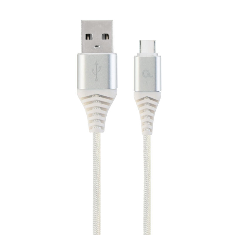 Gembird cable de carga y datos usb tipo c trenzado premium, 2m, plata / blanco