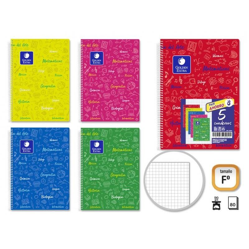 Golden pack de 5 cuaderno asignatura tapa dura folio 80 hojas 90gr cuadricula 4×4 – resistente – ideal para estudiantes