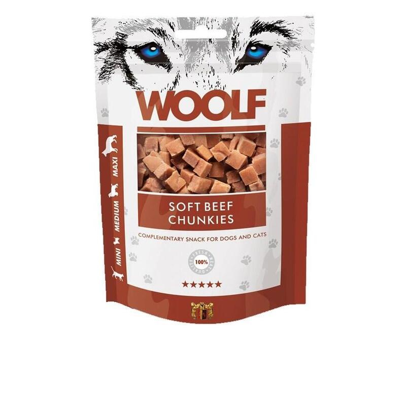 Golosinas para perros y gatos woolf chunkies de ternera blanda  100g