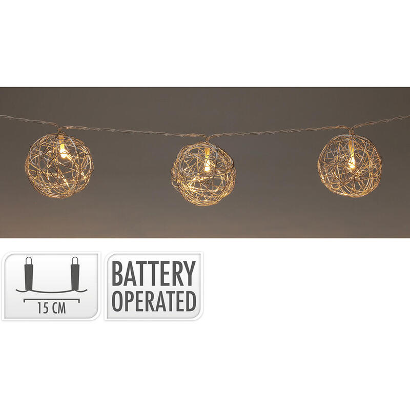 Guirnalda de 3 bolas yute con luz led, blanca calida. basics