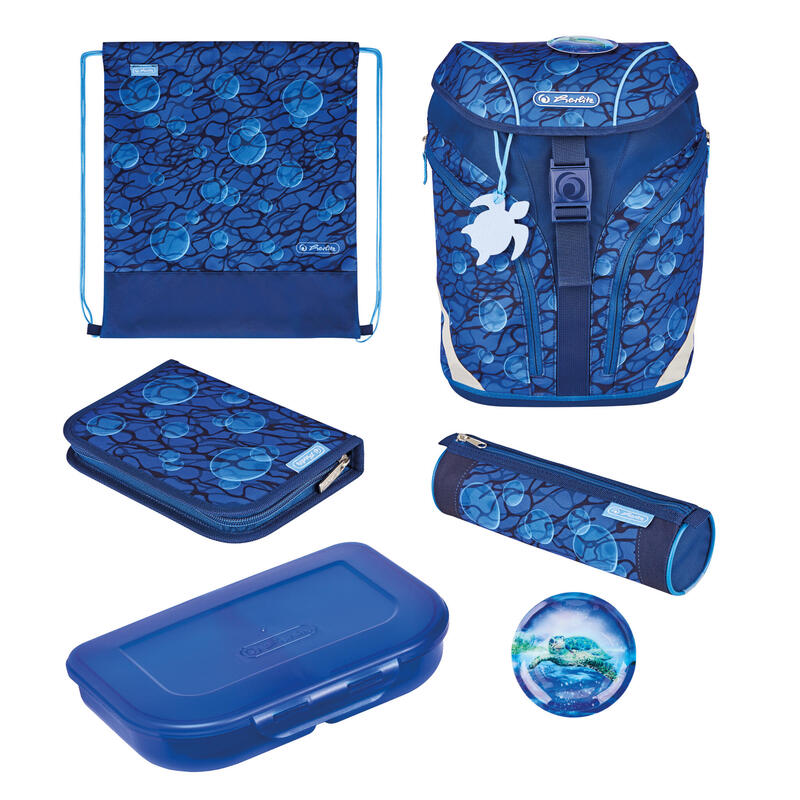 Herlitz softlight plus greenline deep sea, cartera (azul, incl. estuche lleno de 16 piezas, estuche para lápices, bolsa de depor
