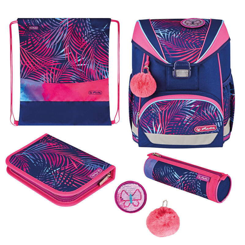 Herlitz ultralight plus tropical chill, mochila escolar (rosa/azul, incluye estuche de 16 piezas, estuche de lápices, bolsa de d