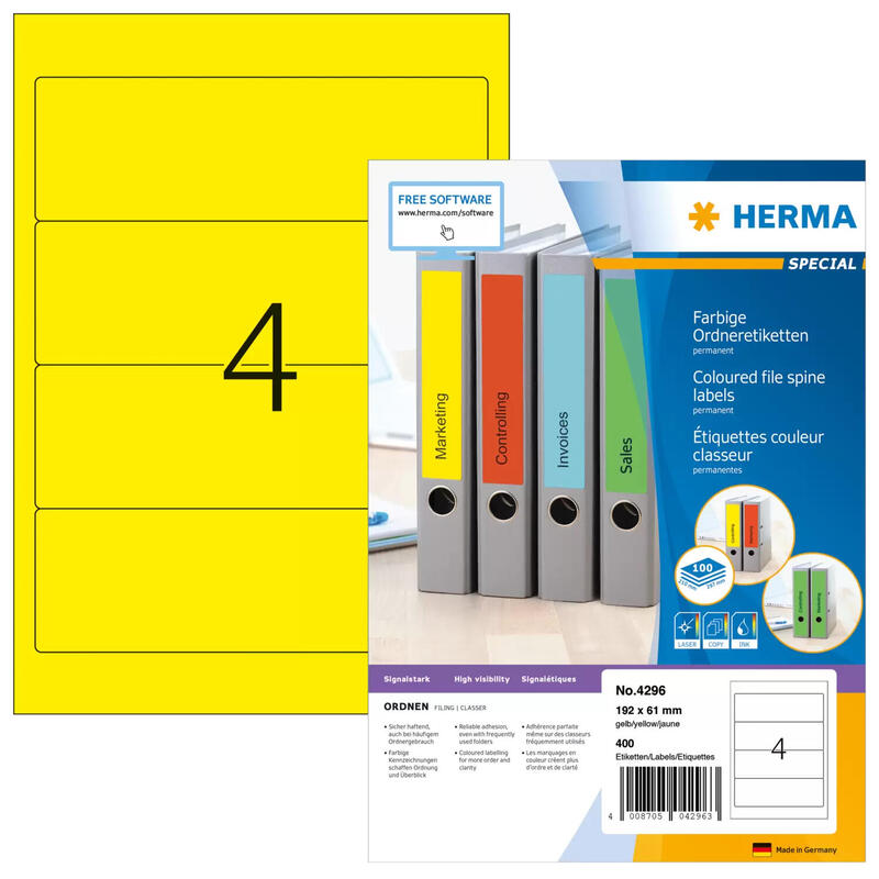 Herma carpeta etiquetas a4 amarillo 192×61 mm papel opaco 400 uds.