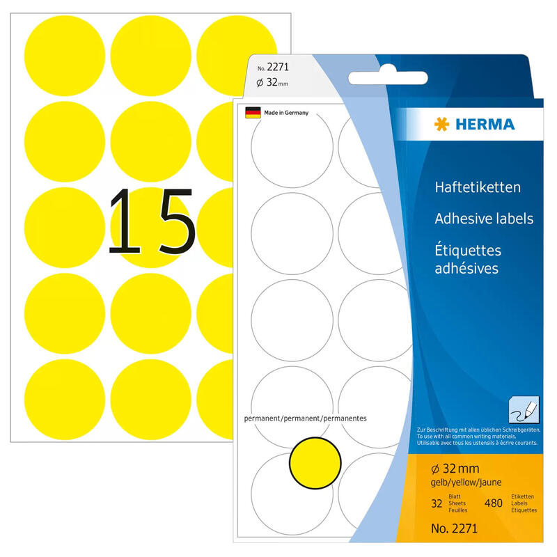 Herma etiquetas multiusos amarillo 32 mm papel redondo 480 uds