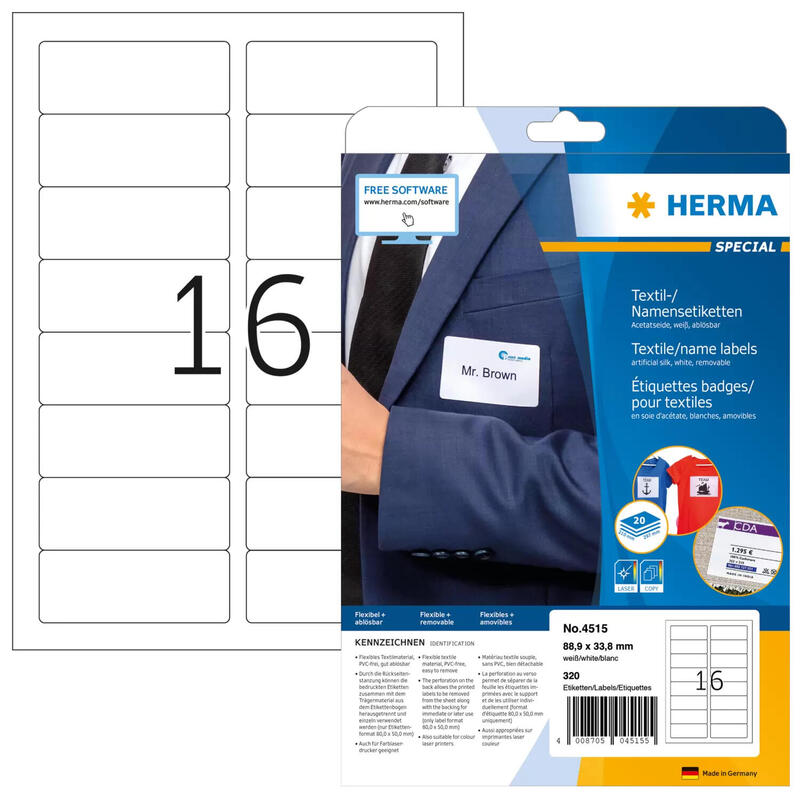 Herma etiquetas textiles nombre a4 88,9×33,8mm blanco 320ud.