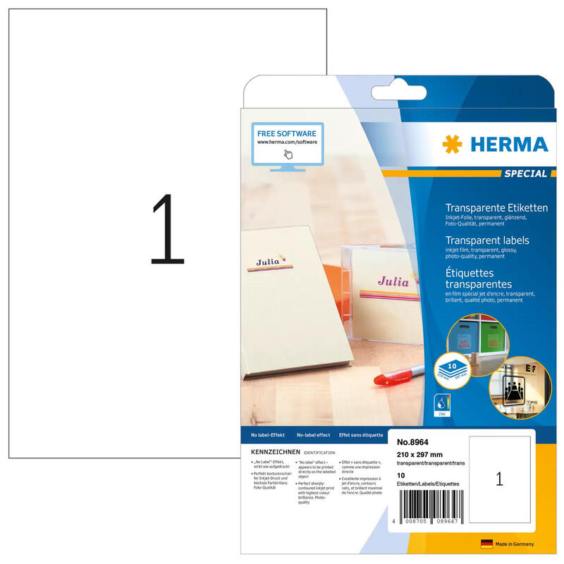Herma etiquetas transparentes 210×297 10 hojas din a4 10 uds. 8964