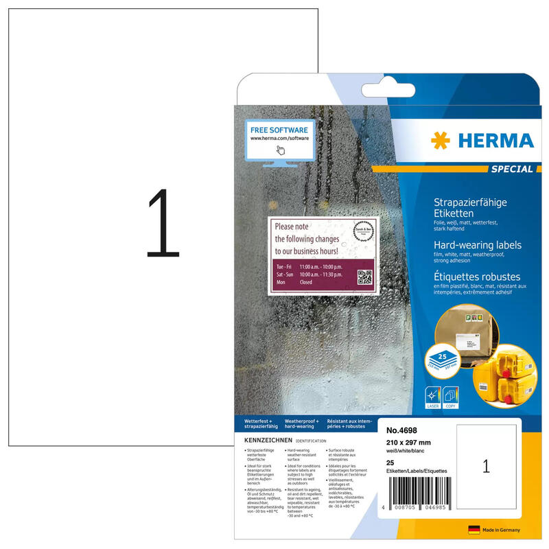 Herma hardwearing labels 210×297 25 sheets din a4 25 pcs. 4698 etiquietas
