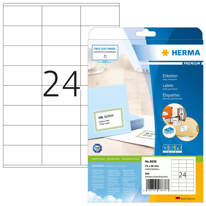 Herma labels 70×36 white matte 10 sheets din a4 240 pcs.   8638 etiquetas