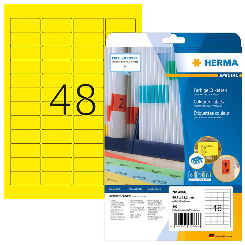 Herma labels yellow 45,7×21,2 20 sheets din a4 960 pcs. 4366 etiquetas