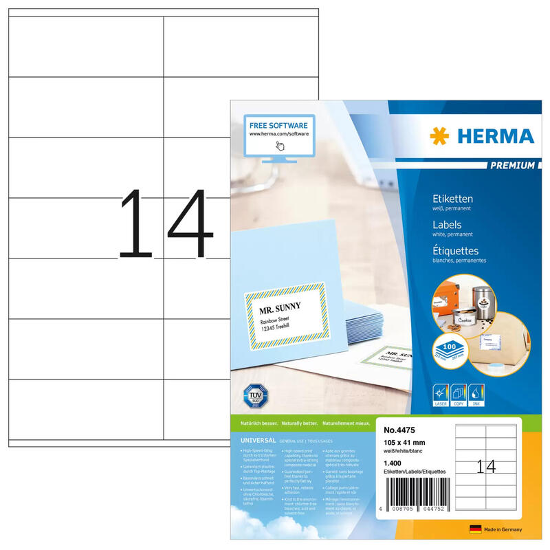 Herma premium labels    105×41 100 sheets din a4 1400 pcs. 4475 etiquetas