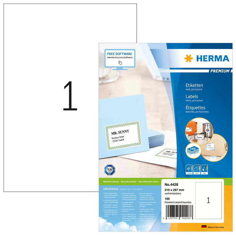Herma premium labels 210×297 100 sheets din a4 100 pcs. 4428 etiquetas