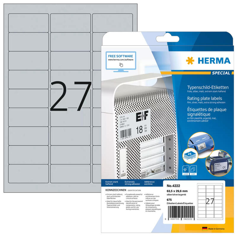 Herma rating plate labels   4222 25 sheets  675 pcs.   63,5×29,6 etiquetas