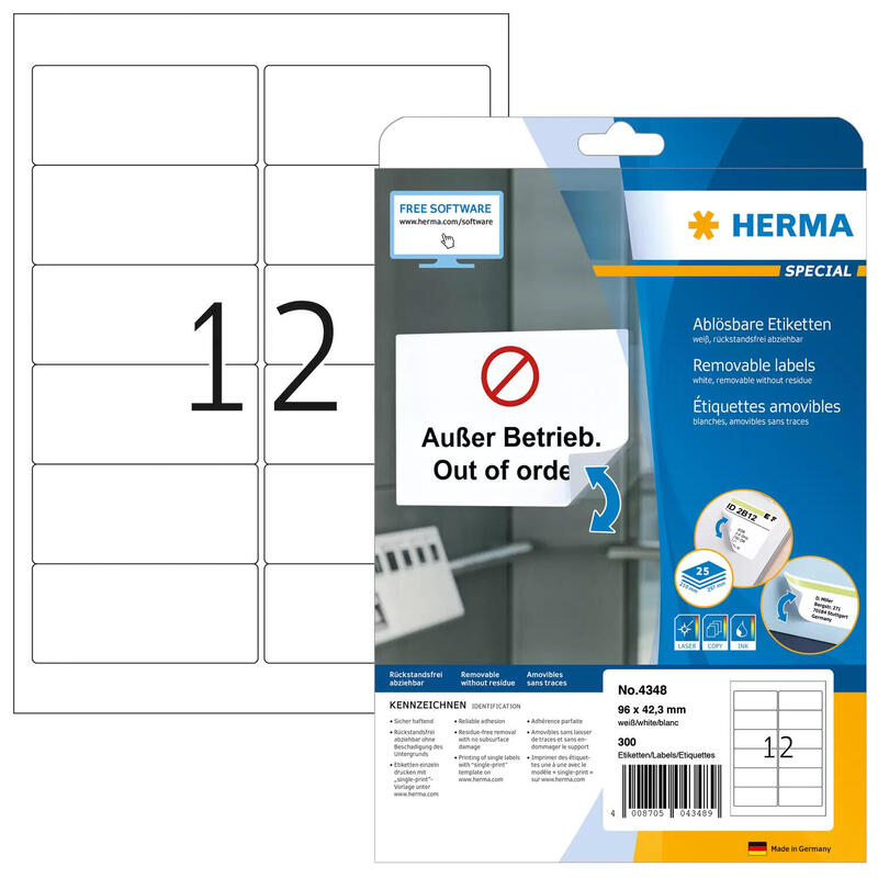 Herma removable labels 96×42,3 25 sheets din a4 300 pcs. 4348 etiquetas