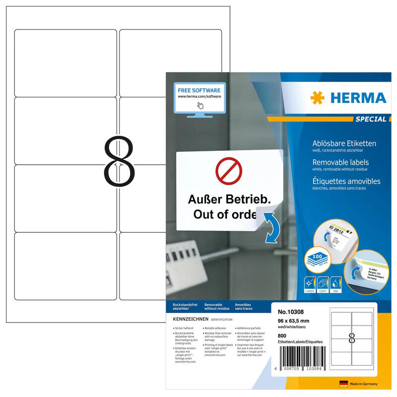 Herma removable labels   96×63,5 100 sheets din a4 800 pcs. 10308 etiquetas