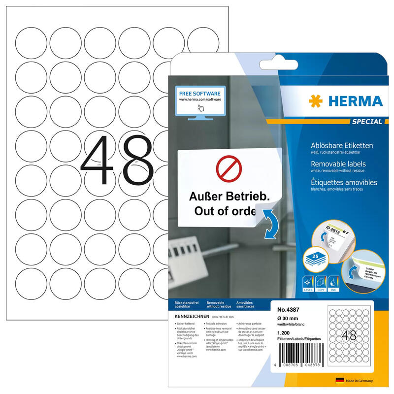 Herma round labels 30mm white 25 sheets 1200 pcs.  4387 etiquetas