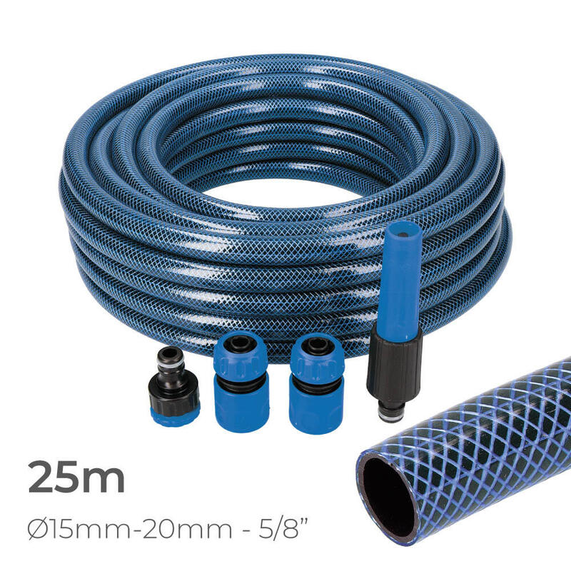 Kit manguera de jardin blue interior Ø15mm. exterior Ø20mm (5/8″) rollo 25m con accesorios edm
