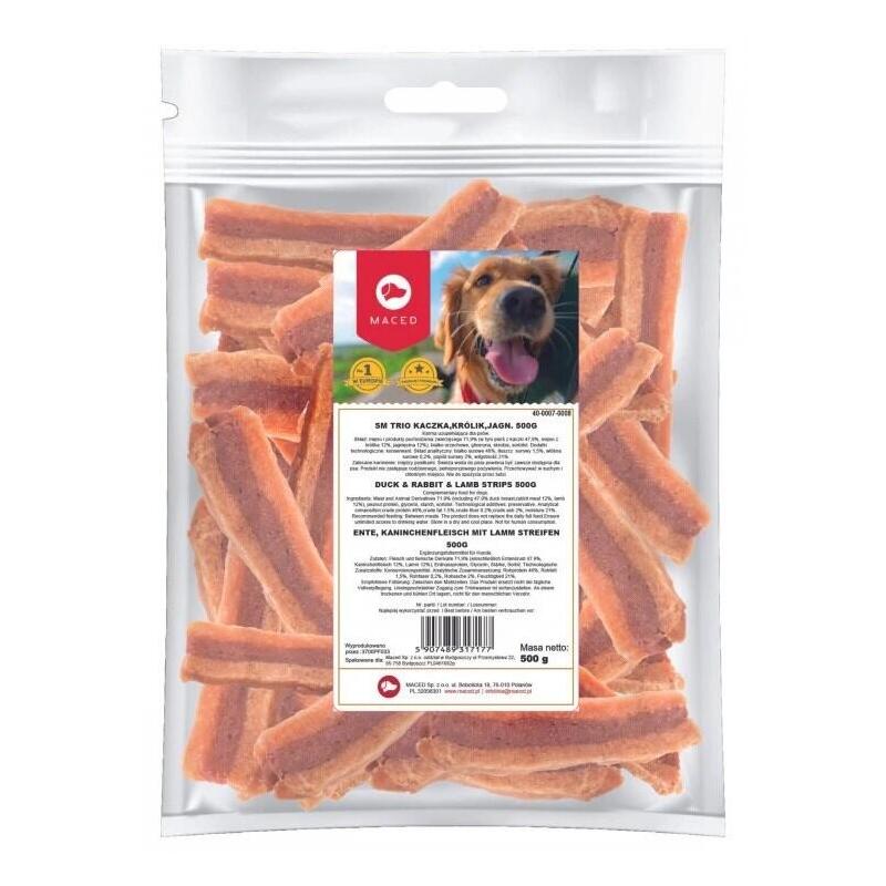 Maced duck, rabbit and lamb strips – golosina para perros –  500g