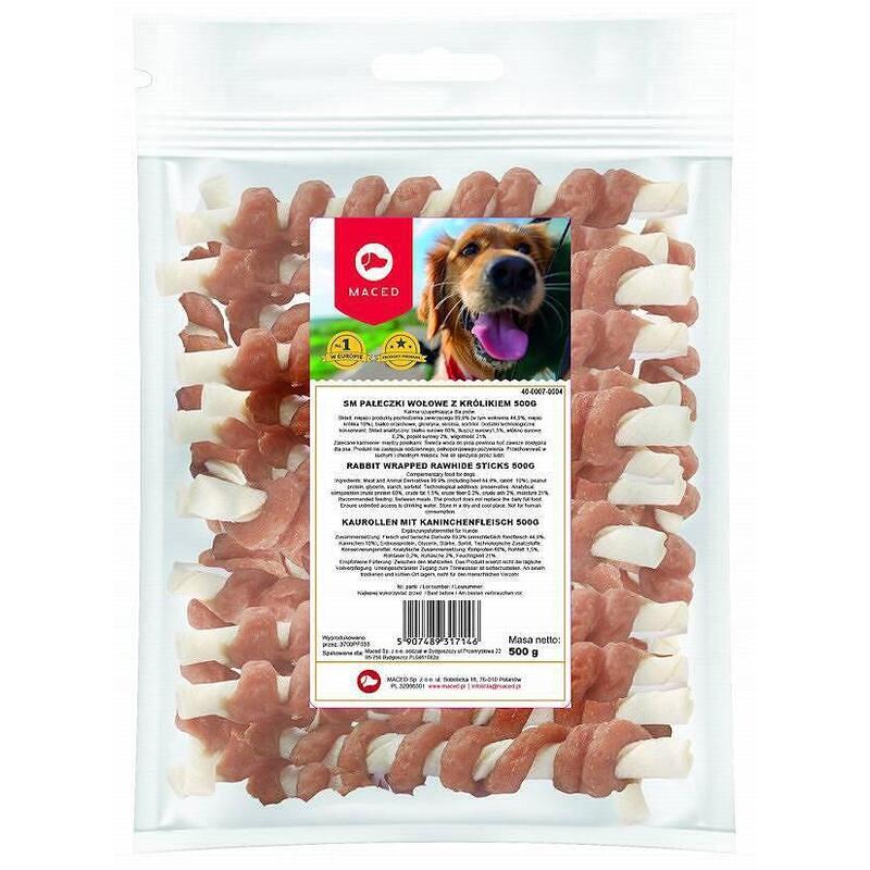 Maced rabbit wrapped rawhide sticks – masticable para perros – 500 g