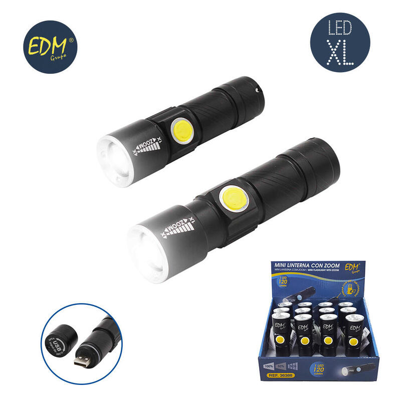 Mini linterna con zoom 1 led 120lm 7500k recargable con usb. edm