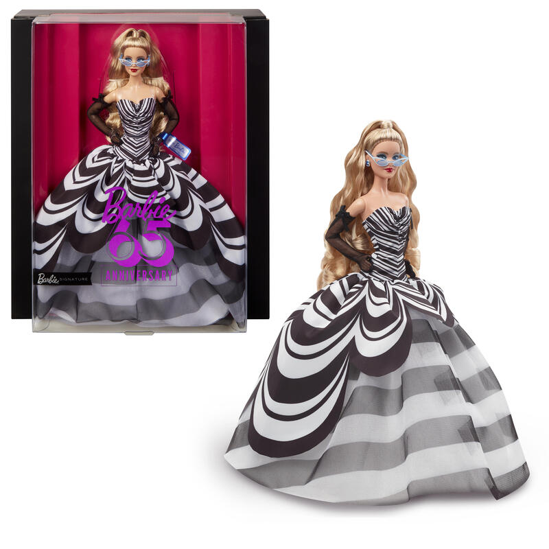 Muñeca coleccionable mattel barbie signature del 65 aniversario con cabello rubio y bata blanca y negra hrm58