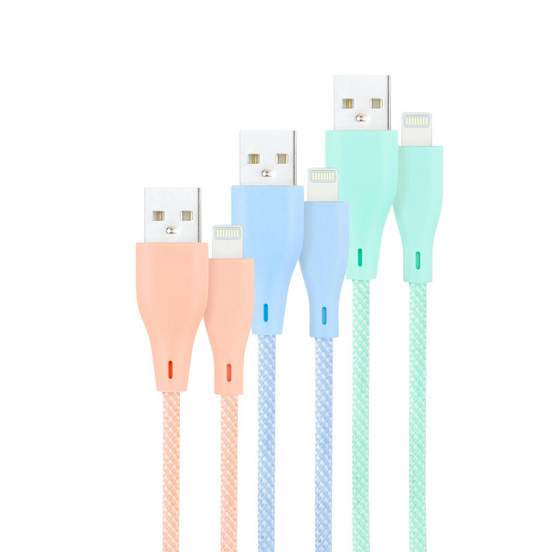Nanocable pack de 3 cables mallados usb-a macho a lightning macho – longitud 1m – colores pastel rosa, verde y azul