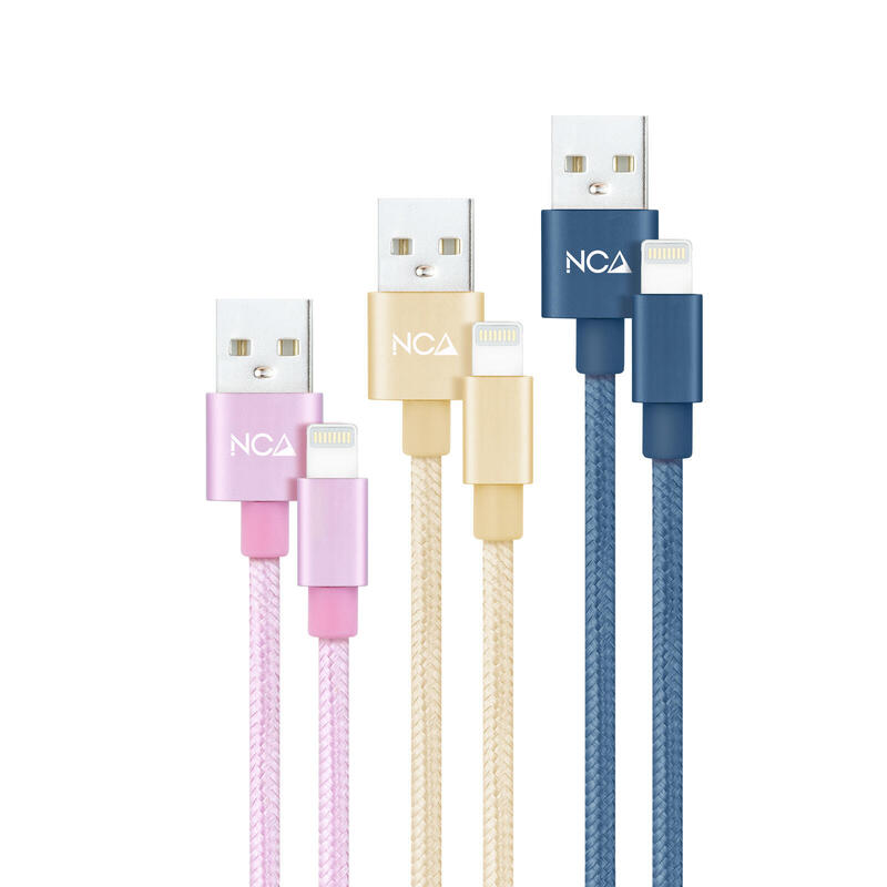 Nanocable pack de 3 cables mallados usb-a macho a lightning macho – longitud 1m – colores rosa, dorado y azul