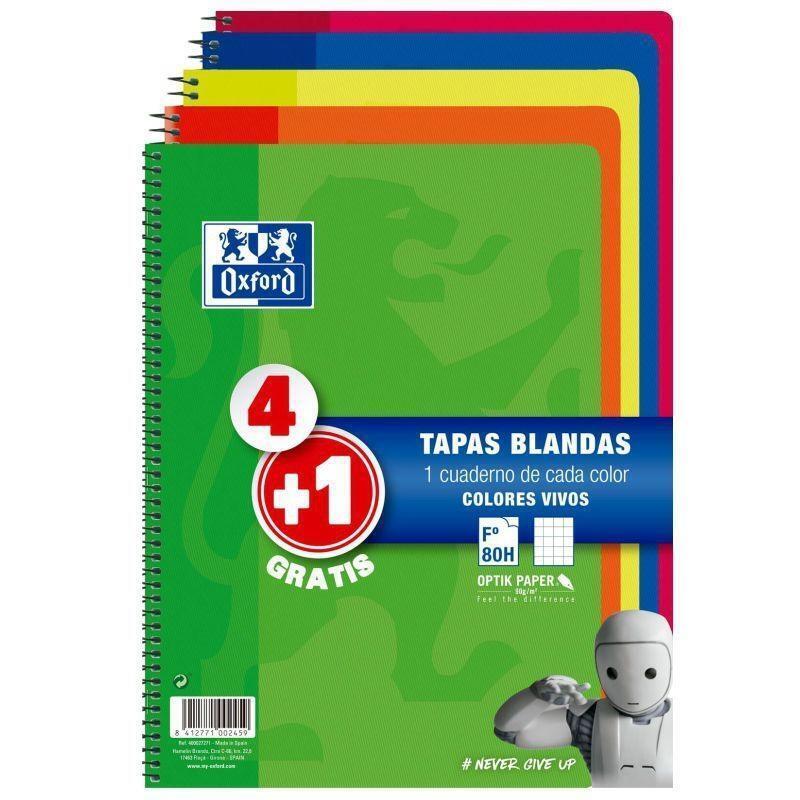 Oxford cuaderno espiral 80 hojas 4×4 con margen tapas blandas folio colores vivos -pack 4+1-
