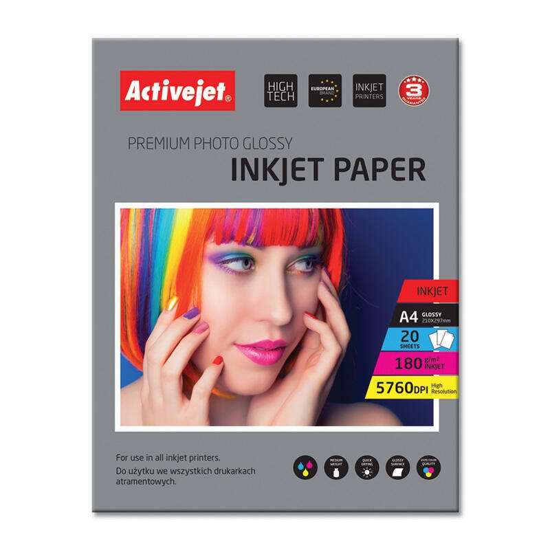 Papel fotogrÁfico activejet  | a4 | glossy | 20 pcs. | 180g | ap4-180g20
