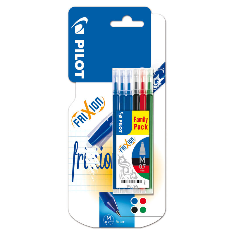 Pilot pack de 6 recambios para frixion ball y frixion clicker – punta de bola redonda 0.7mm – trazo 0.4mm – colores: 3x azul, 1x