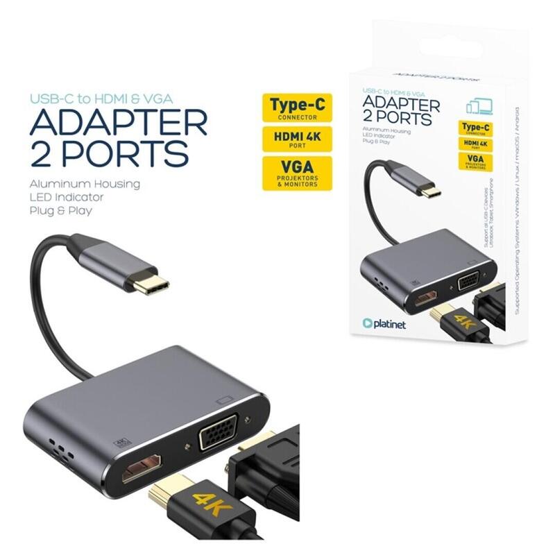 Platinet adaptador usb type-c a hdmi 4k + puerto vga