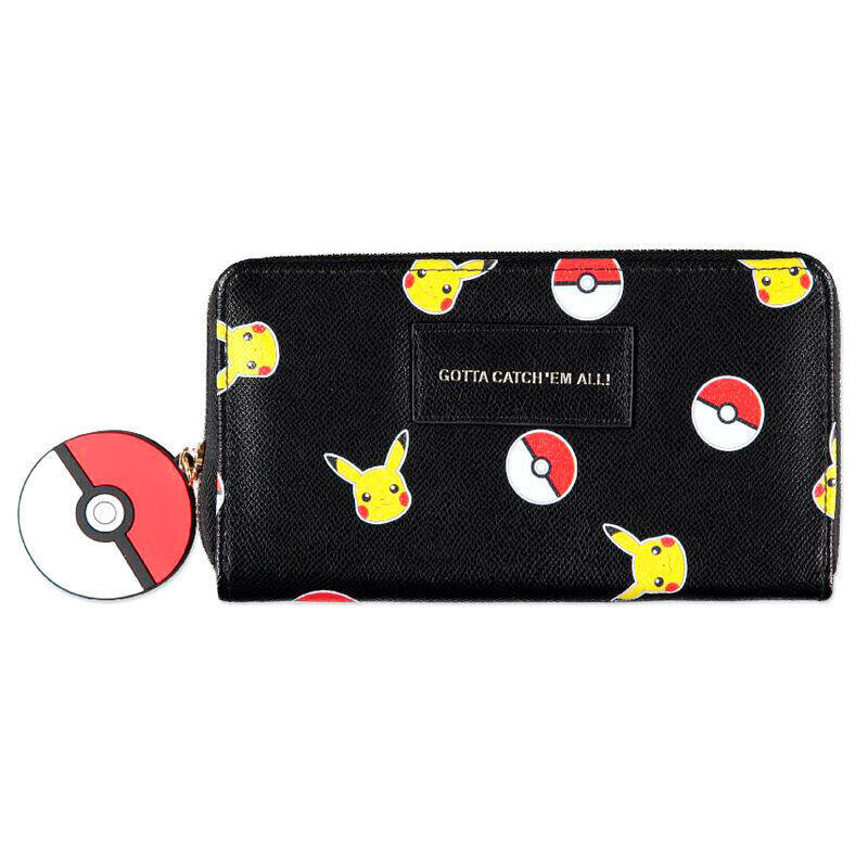 Pokemon pika & pokeball all-over print zip around purse wallet, female, black [gw667830pok]