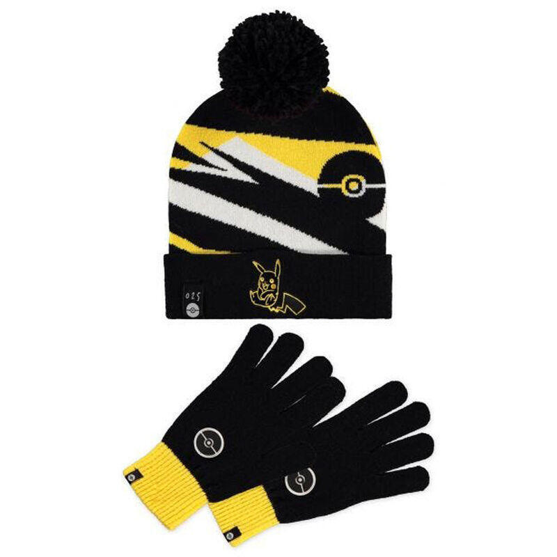 Pokemon pikachu & pokeball symbol beanie & knitted gloves giftset, black/yellow [gs460272pok]