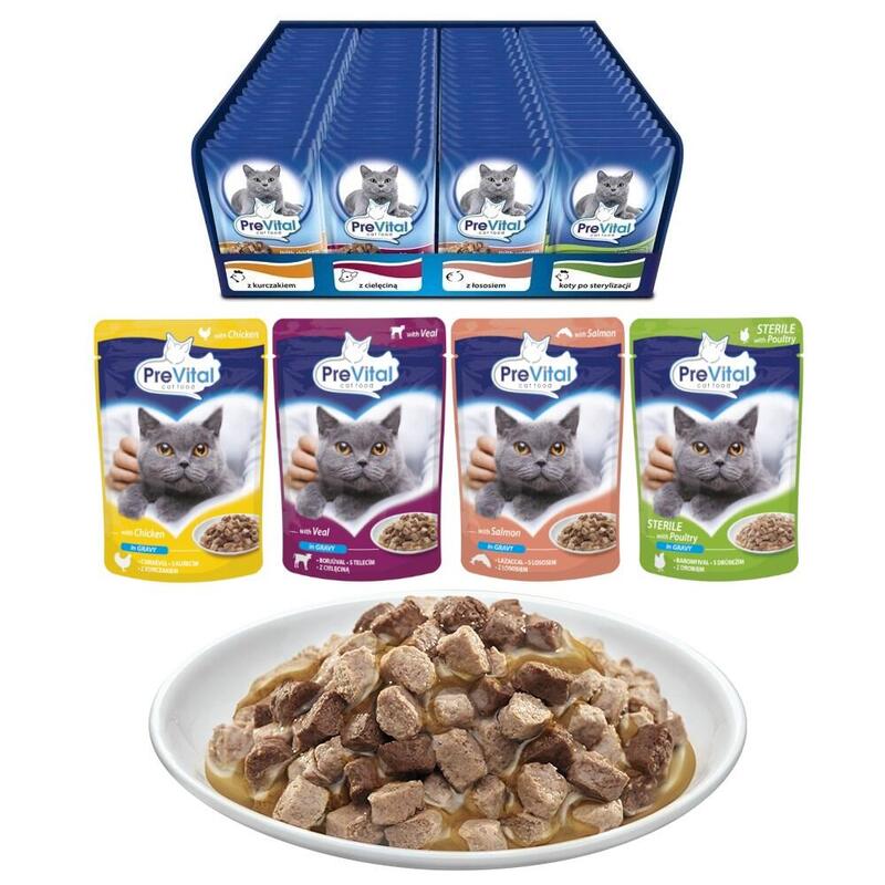 Prevital comida para gatos mix 4 sabores pollo, ternera, salmÓn, aves – comida hÚmeda para gatos – 96 x 100 g
