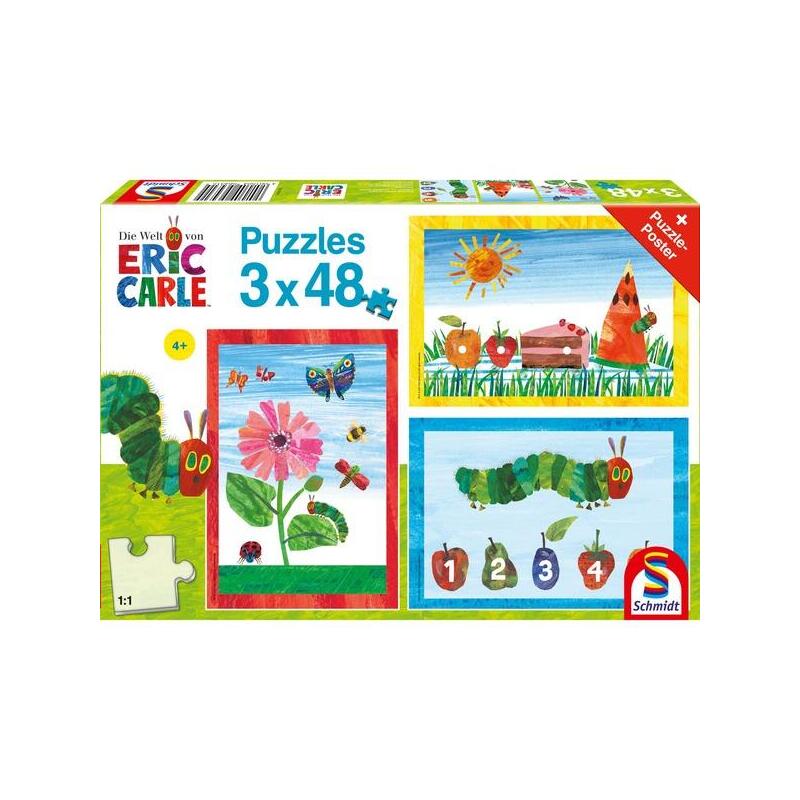 Puzzle schmidt spiele la pequeÑa oruga glotona: el mundo de la pequeÑa oruga glotona, 3x 48 piezas 56431