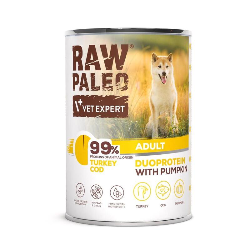 Raw paleo duoprotein turkey & cod adult – comida hÚmeda para perros – 400g
