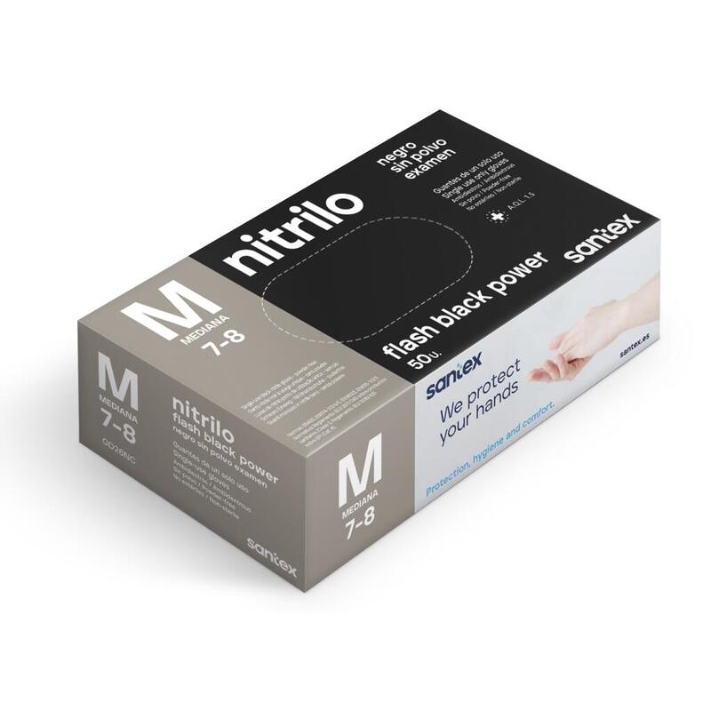 Santex flash black power pack de 50 guantes de nitrilo talla m – dibujo diamante texturizado – sin polvo – libre de latex – no e