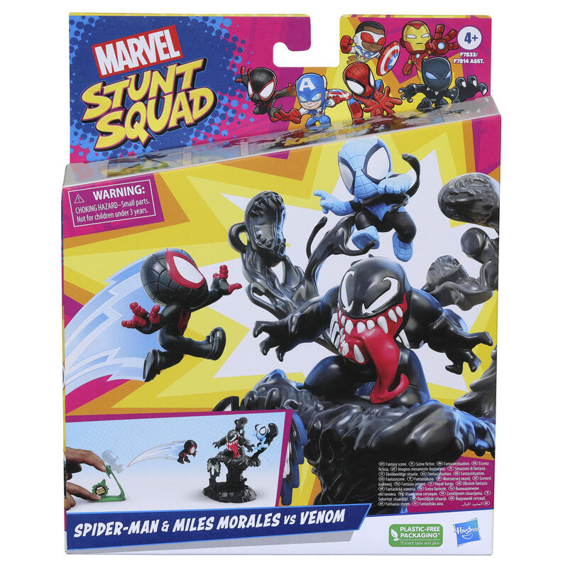 Set de juego hasbro marvel stunt squad villain knockdown spider man y miles morales vs venom
