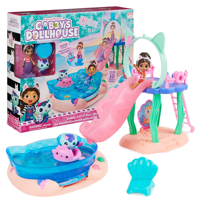 Spin master dreamworks gabby’s dollhouse cat adventures – purrific pool party playset, telÓn de fondo con figuras de gabby y mer
