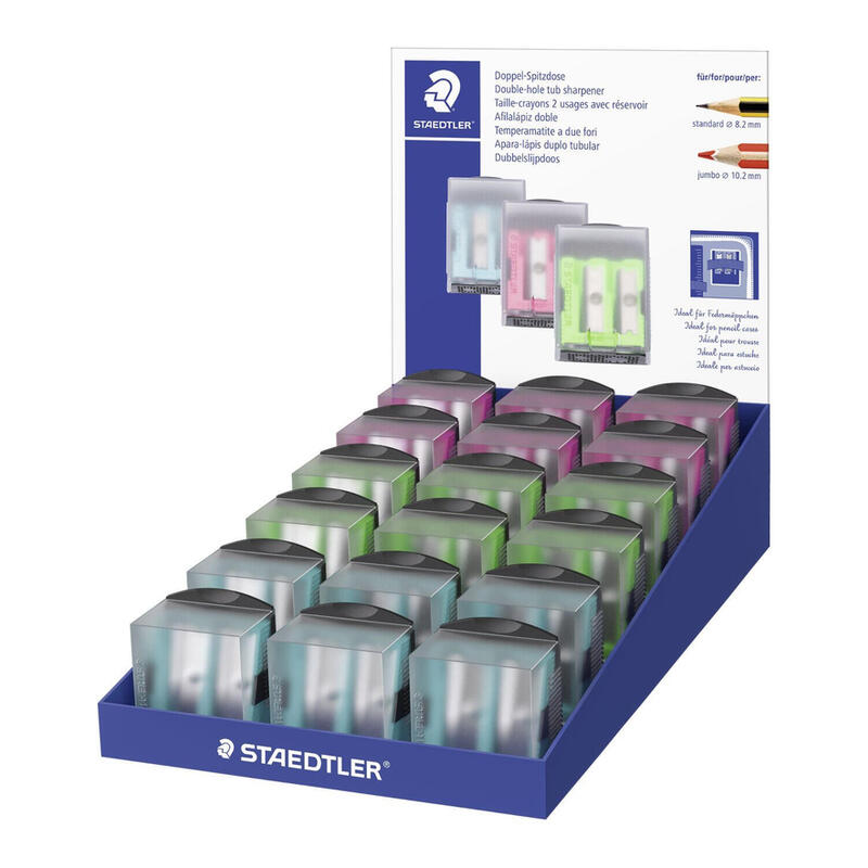 Staedtler expositor con 18 sacapuntas de plastico – 2 agujeros – angulo de afilado 23° y 30° – colores surtidos