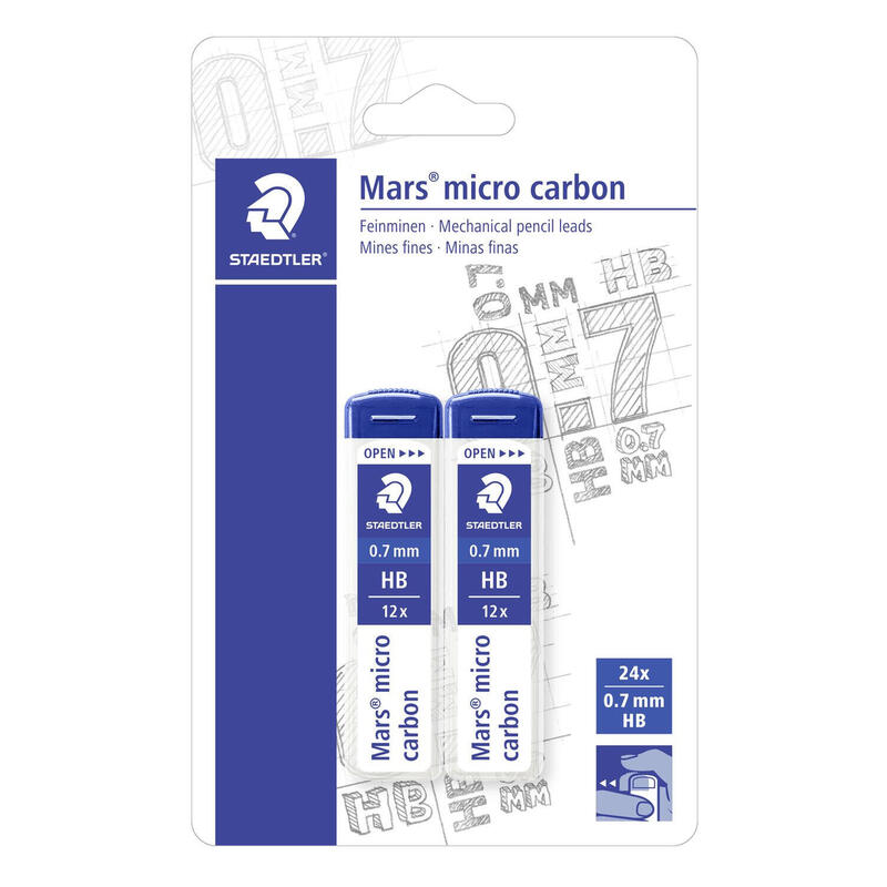 Staedtler micro carbon 250 pack de 2 tubos de 12 minas – mina hb de 0.7mm – resistencia a la rotura – 90% procedente de material