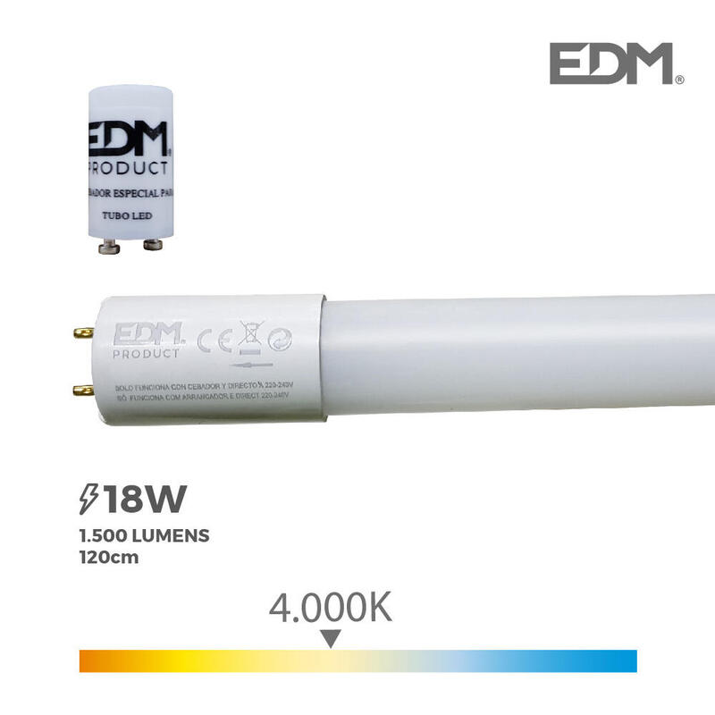 Tubo led t8 18w 1600lm 4000k luz dia (eq.36w) Ø2,6x120cm edm