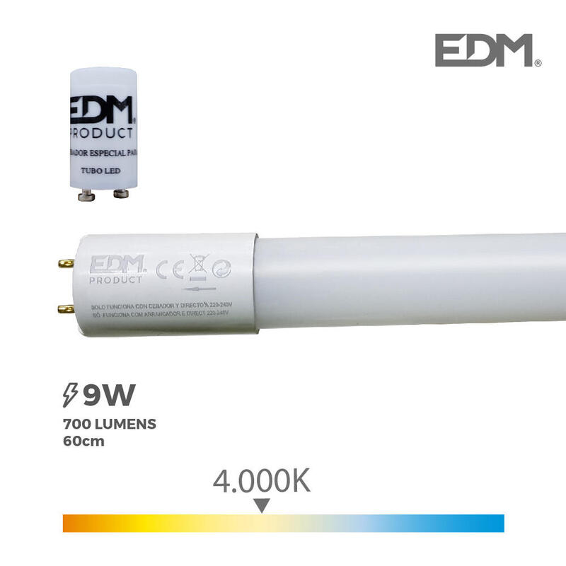 Tubo led t8 9w 800lm 4000k luz dia (eq.18w) Ø2,6x60cm edm