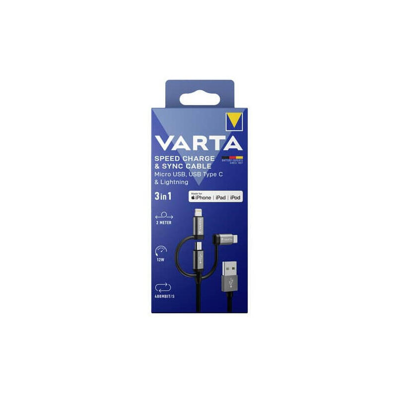 Varta cable, usb-a/micro/c/lightning, 3 en 1, 2m 12w, 480mbit/s, negro