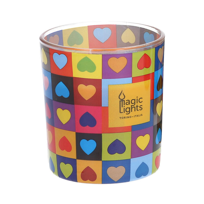Vela en vaso pop art Ø7,5×8,4cm corazones magic lights