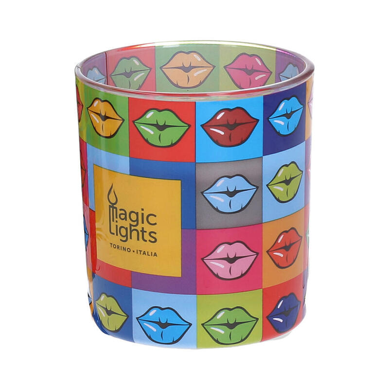 Vela en vaso pop art Ø7,5×8,4cm labios magic lights