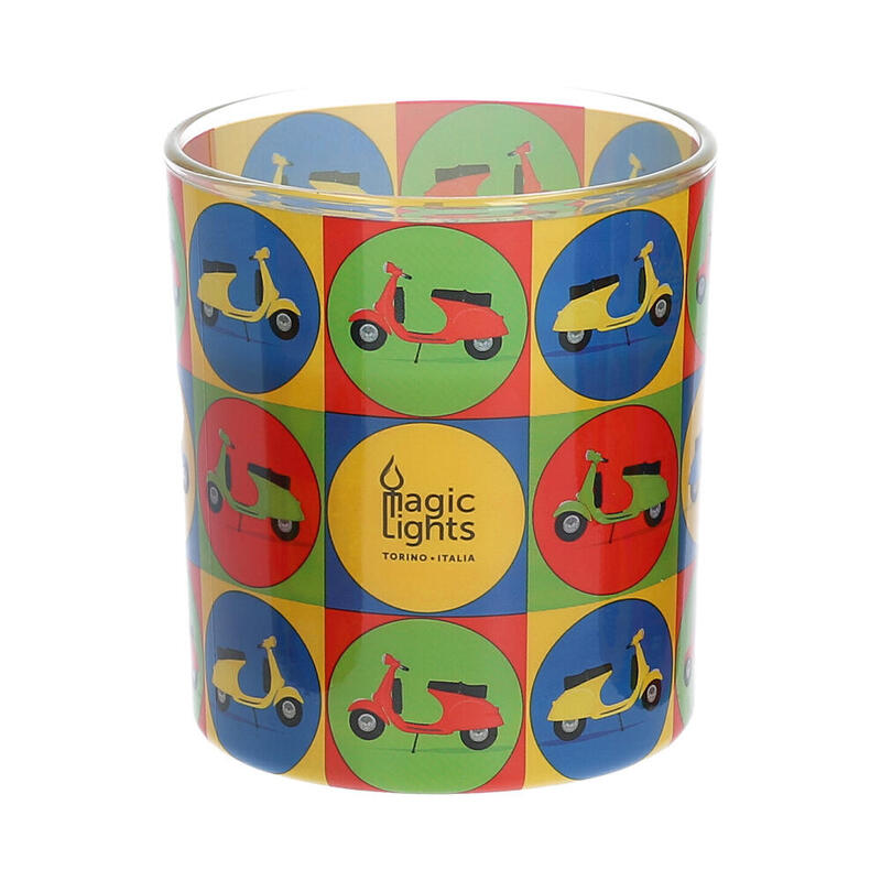 Vela en vaso pop art Ø7,5×8,4cm motos magic lights